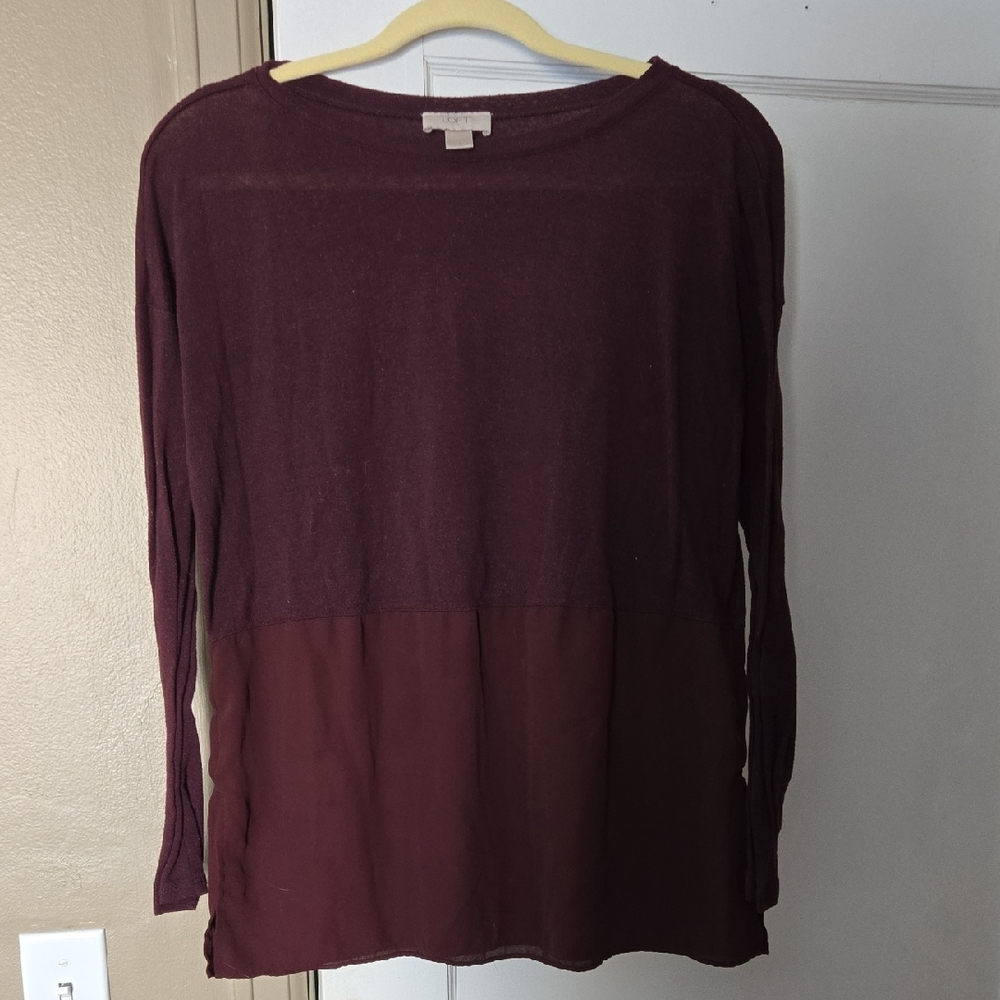 LOFT Deep Burgundy Long Sleeve Top With Chiffon Bottom